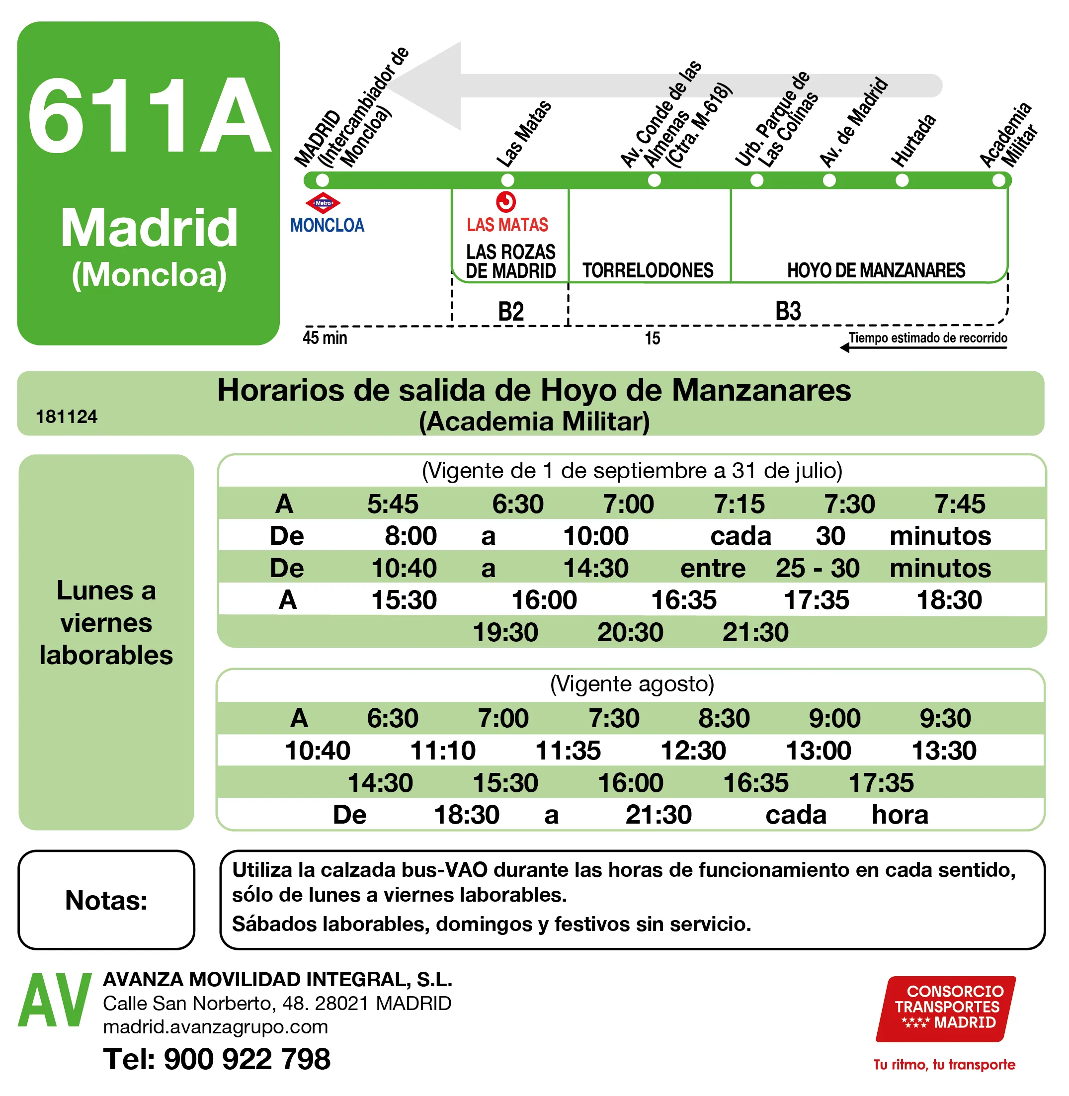 Horario de vuelta de la línea 611A - Autobuses interurbanos Madrid