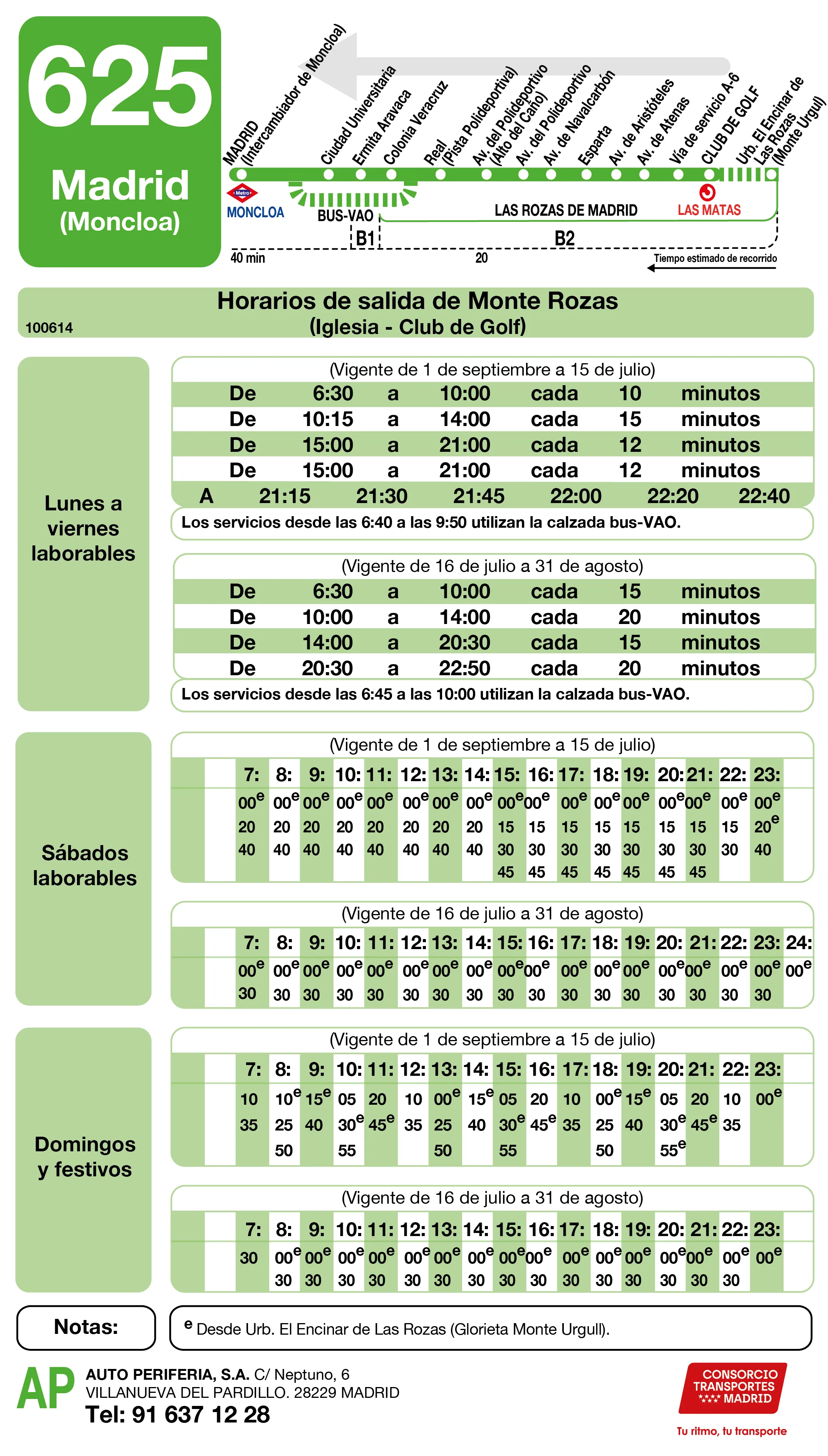 Horario de vuelta de la línea 625 - Autobuses interurbanos Madrid