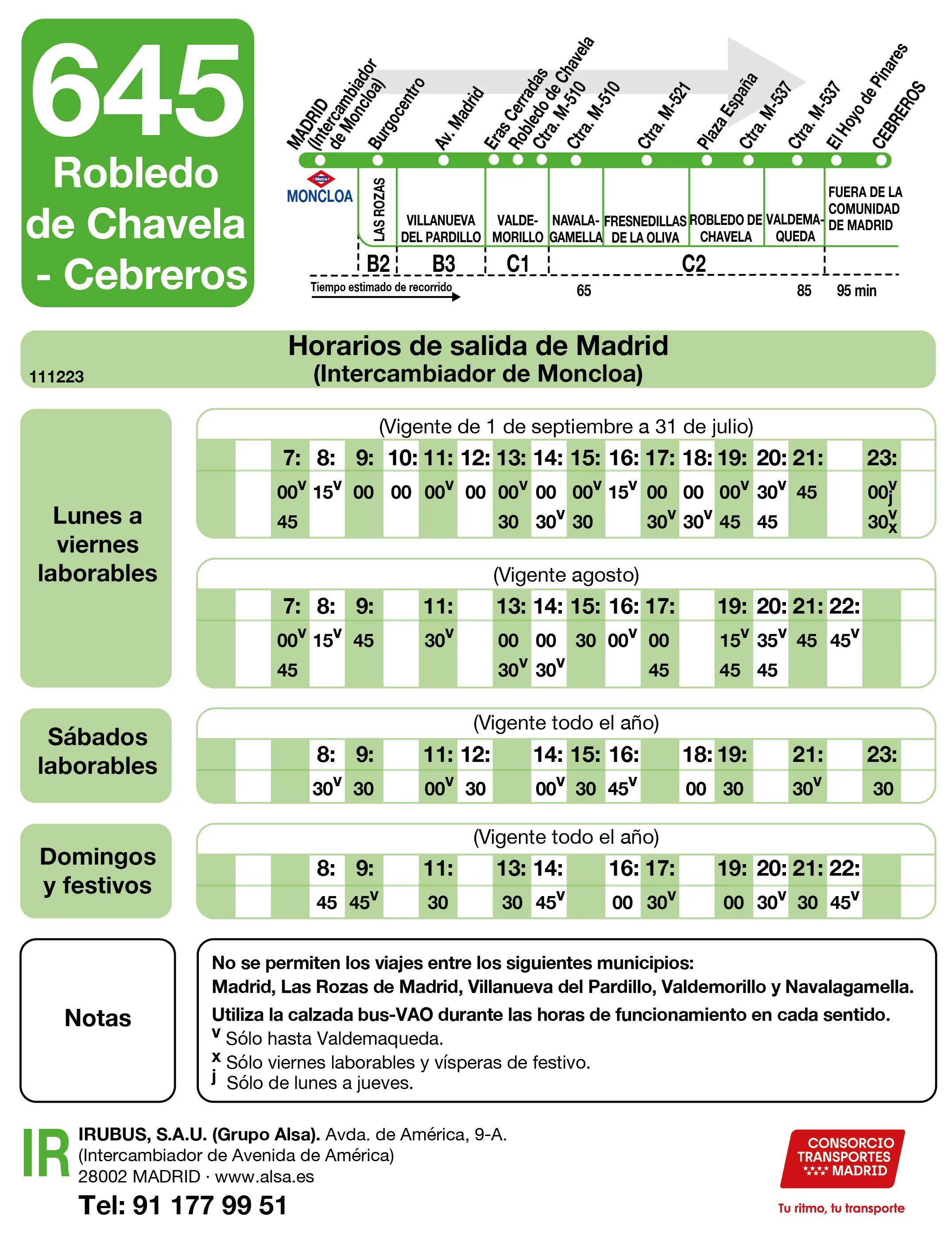 Horario de ida de la línea 645 - Autobuses interurbanos Madrid