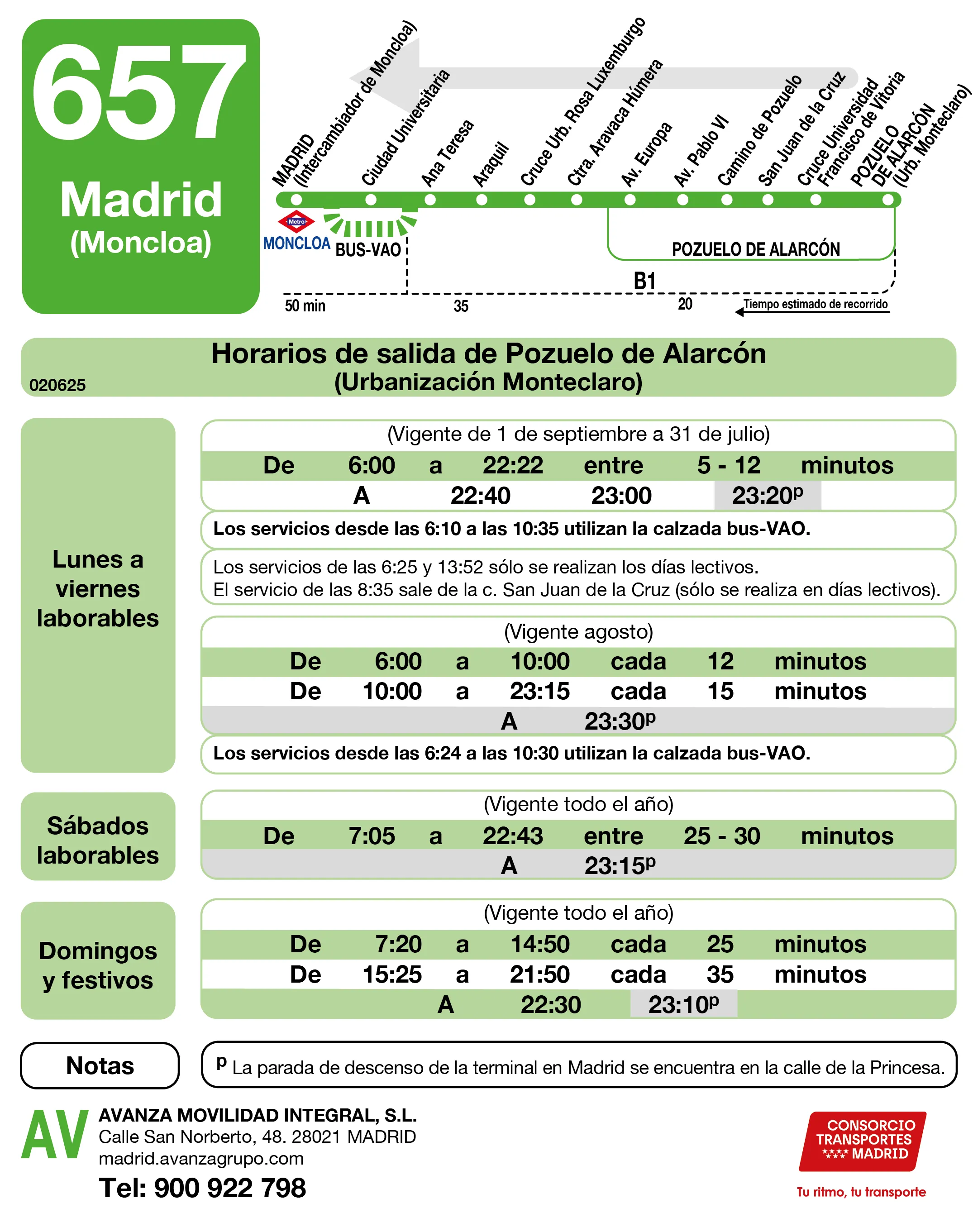 Horario de vuelta de la línea 657 - Autobuses interurbanos Madrid