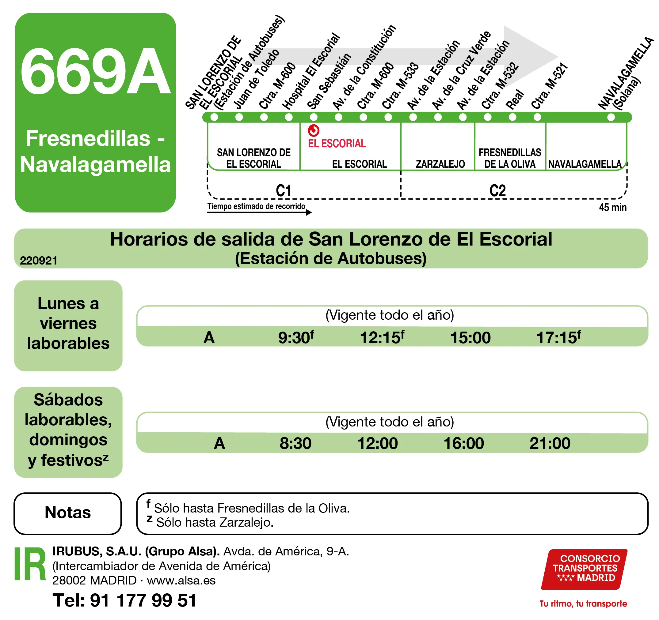 Horario de ida de la línea 669A - Autobuses interurbanos Madrid