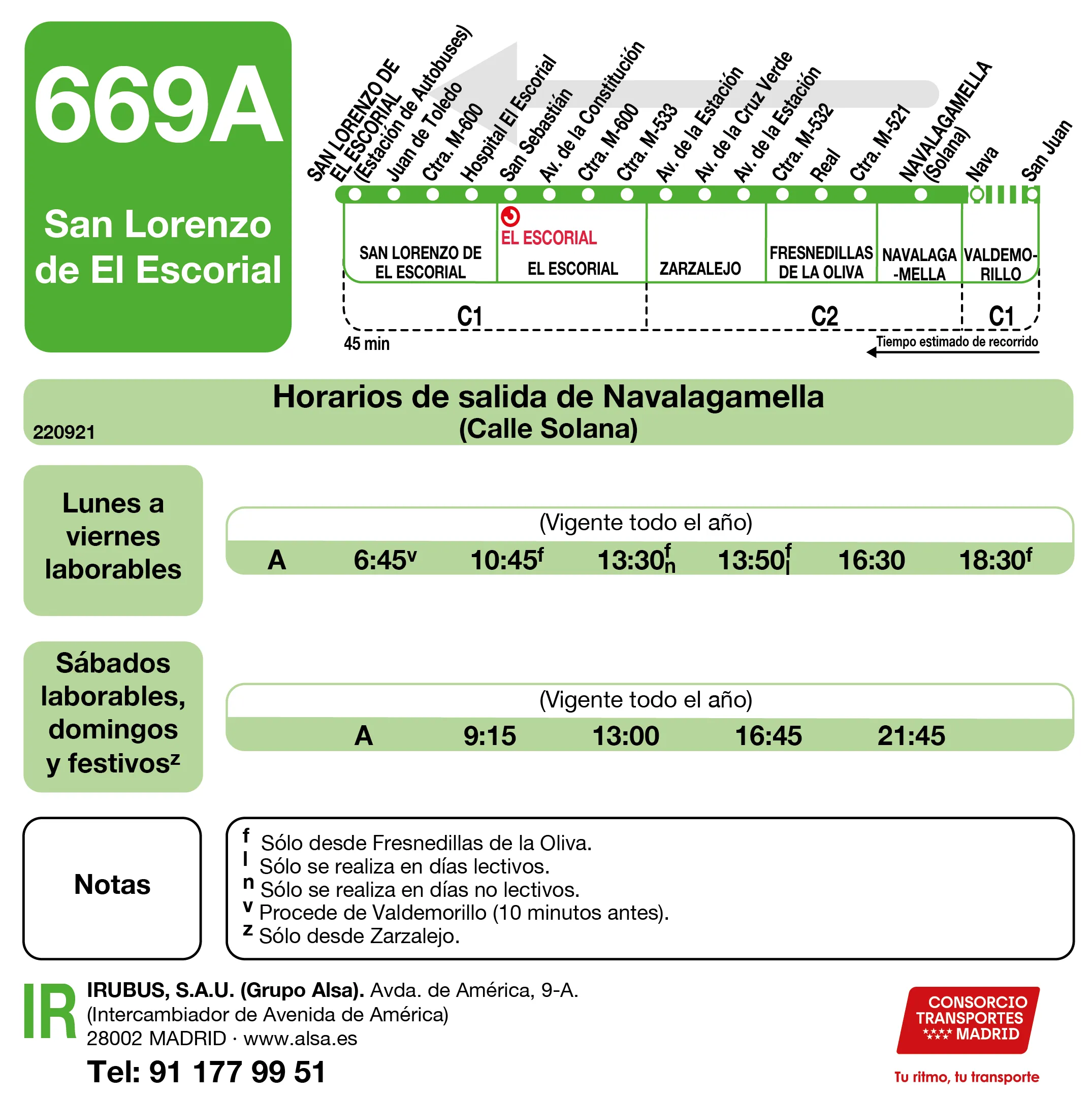 Horario de vuelta de la línea 669A - Autobuses interurbanos Madrid