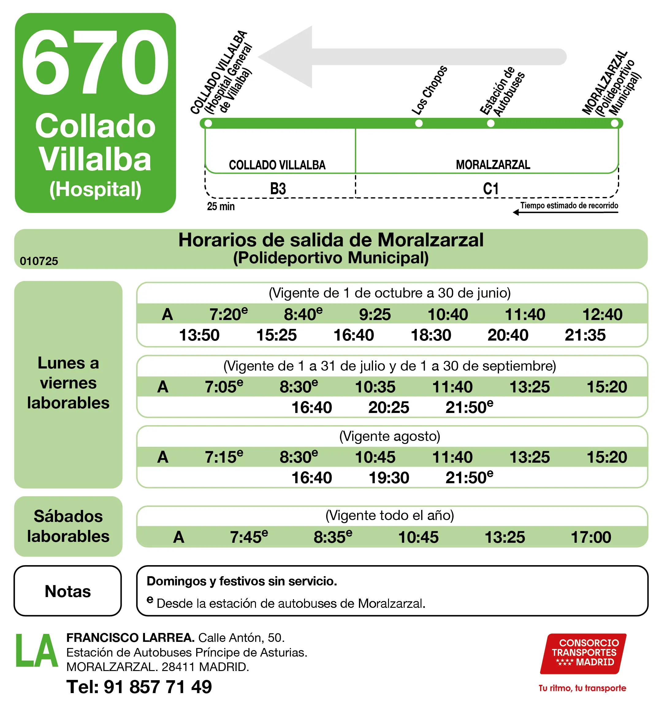 Horario de vuelta de la línea 670 - Autobuses interurbanos Madrid