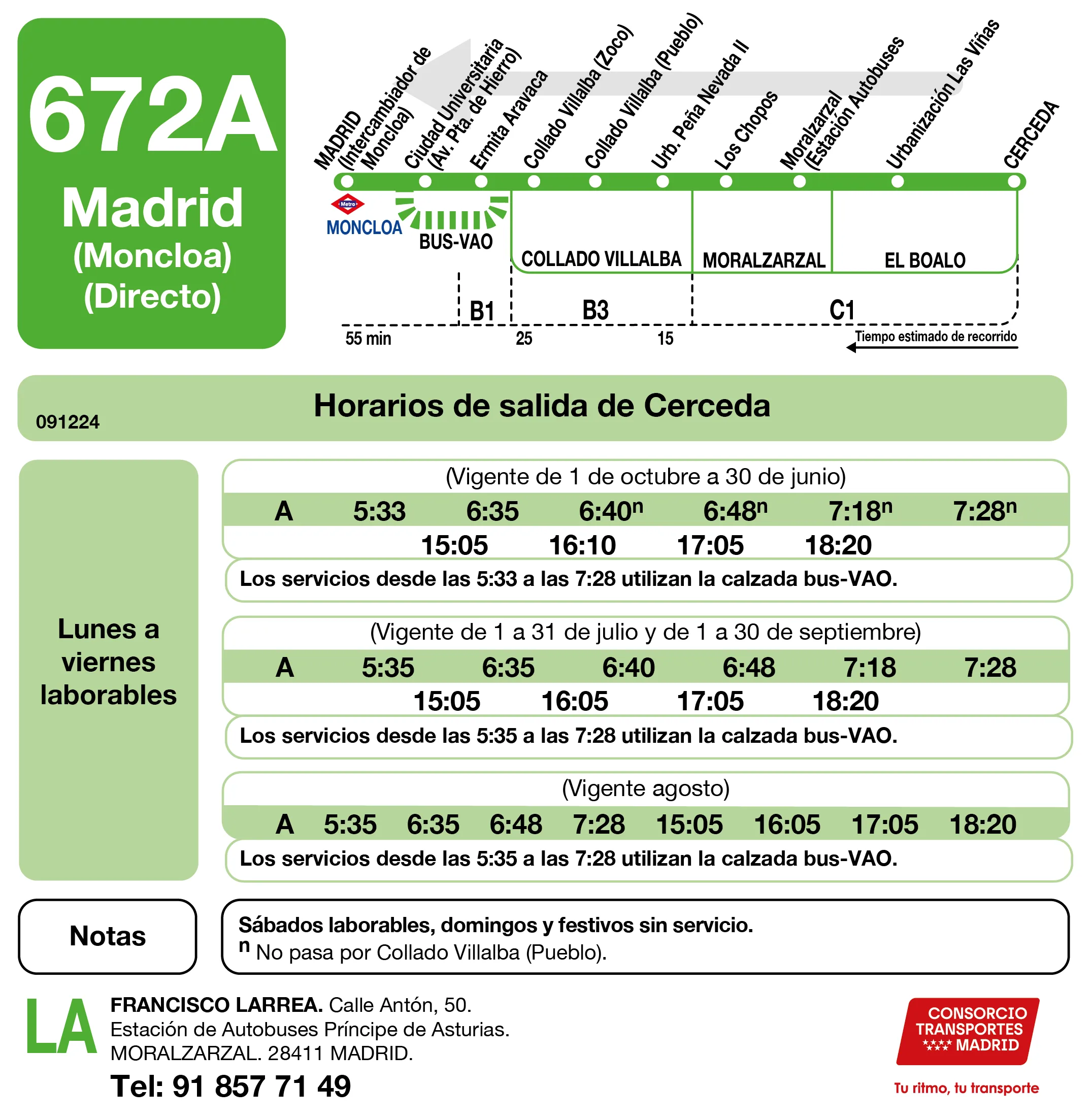 Horario de vuelta de la línea 672A - Autobuses interurbanos Madrid