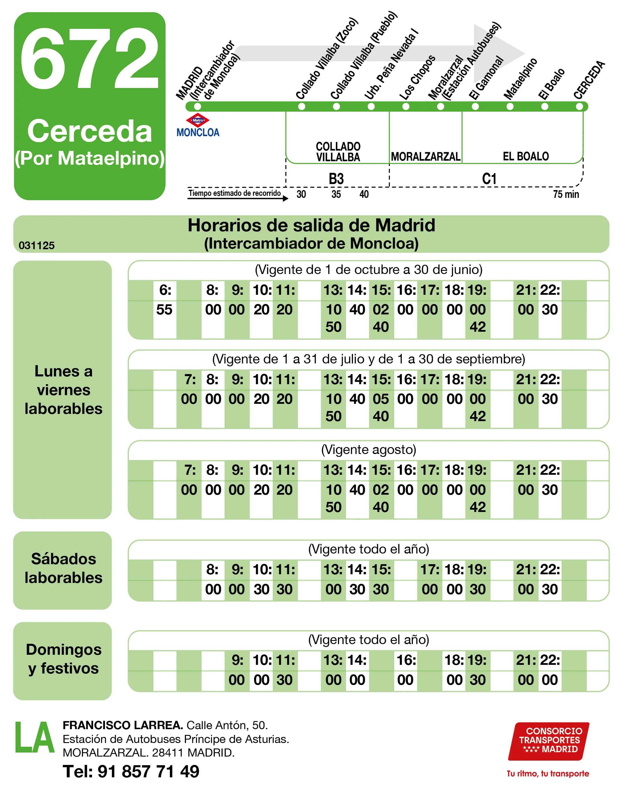 Horario de ida de la línea 672 - Autobuses interurbanos Madrid