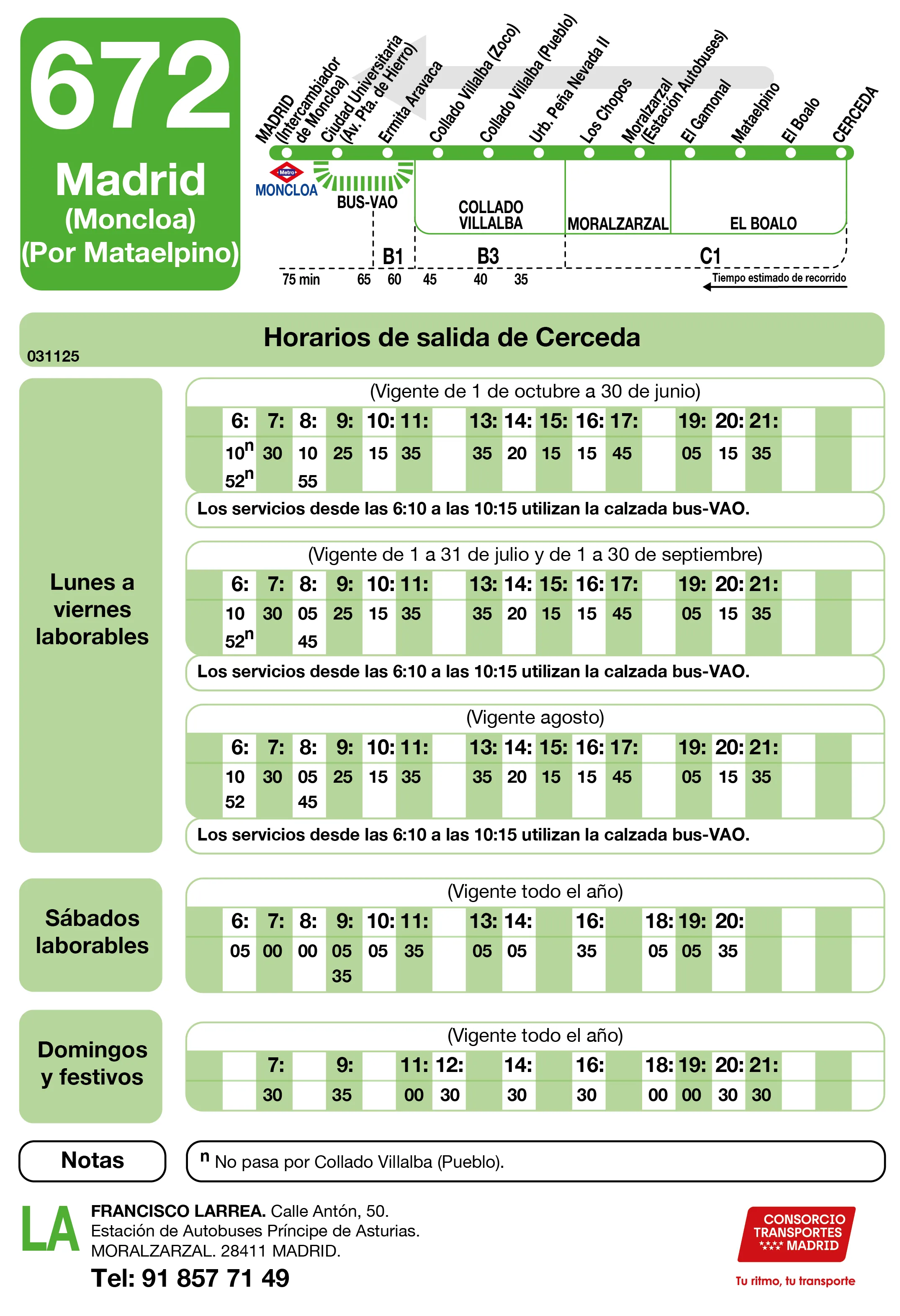 Horario de vuelta de la línea 672 - Autobuses interurbanos Madrid