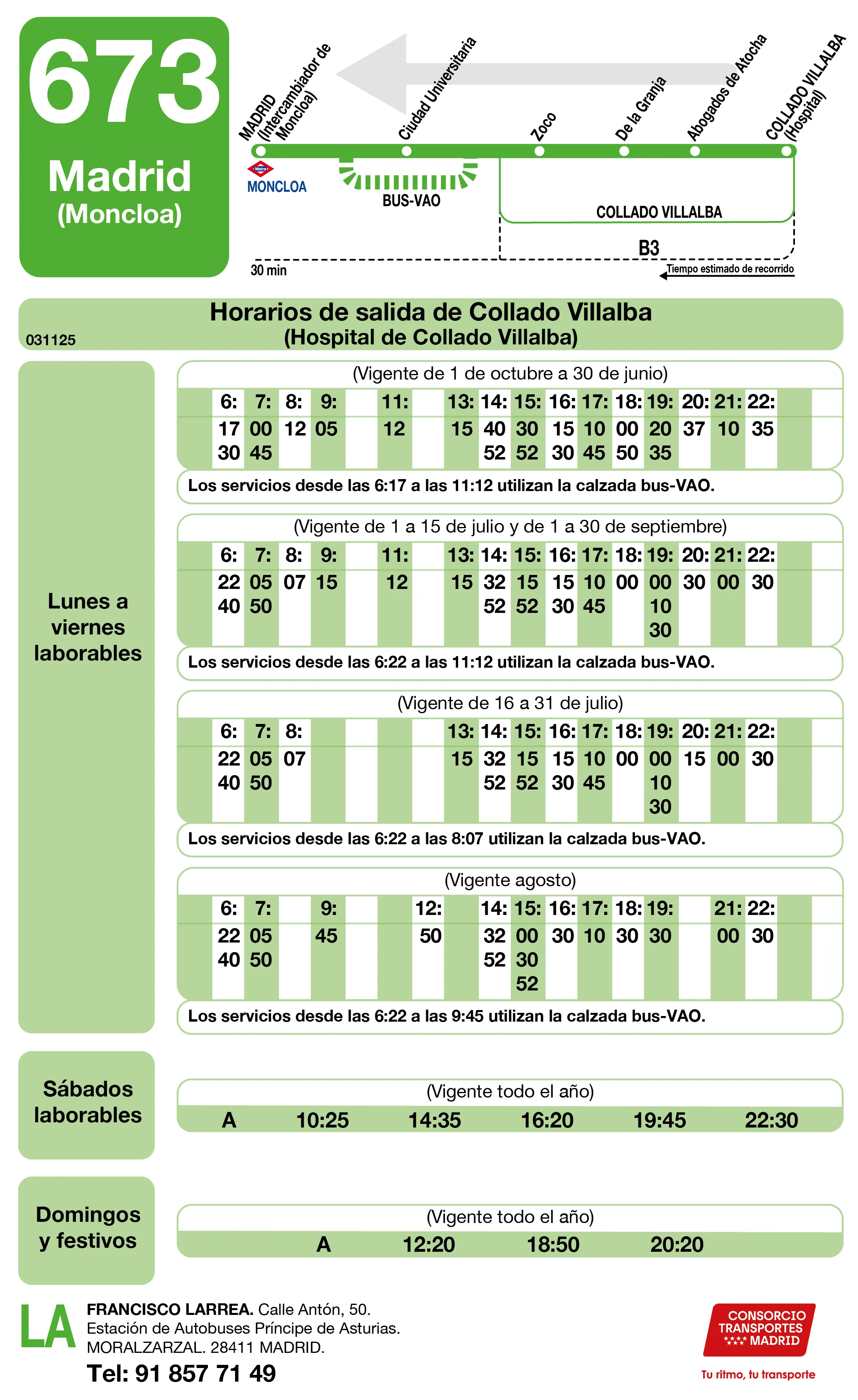 Horario de vuelta de la línea 673 - Autobuses interurbanos Madrid