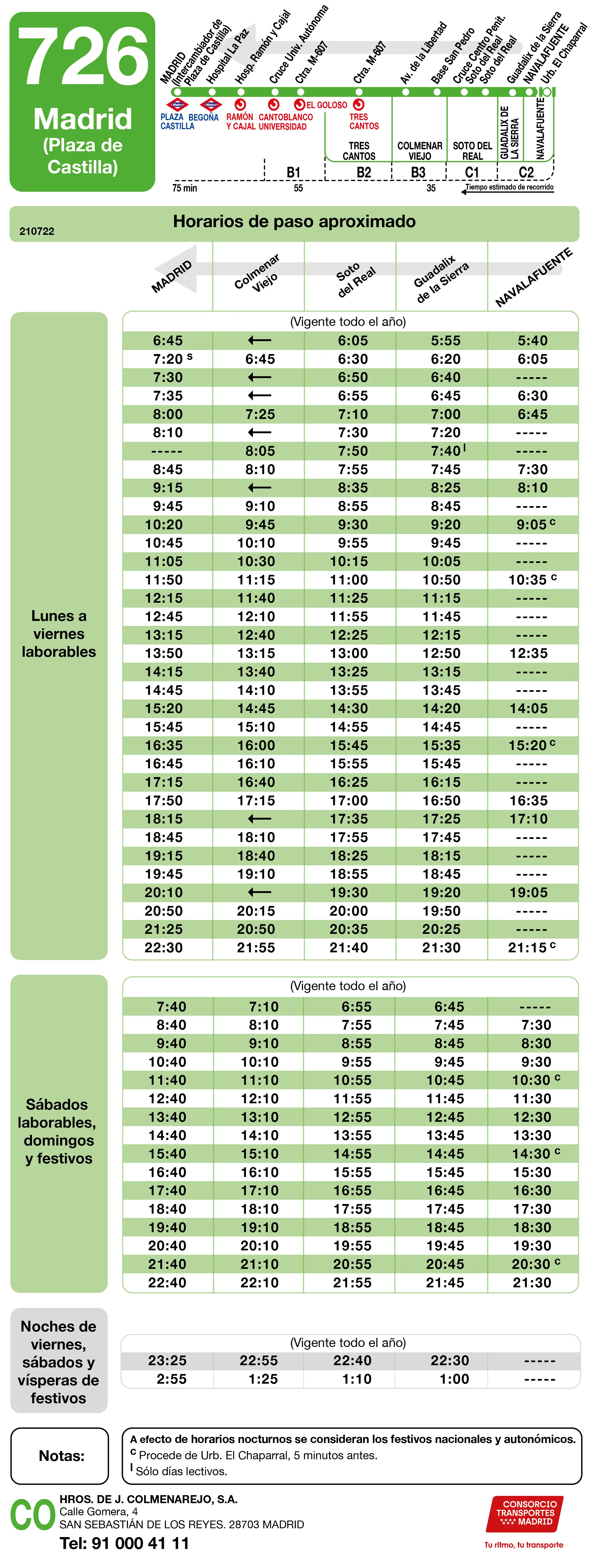 Horario de vuelta de la línea 726 - Autobuses interurbanos Madrid