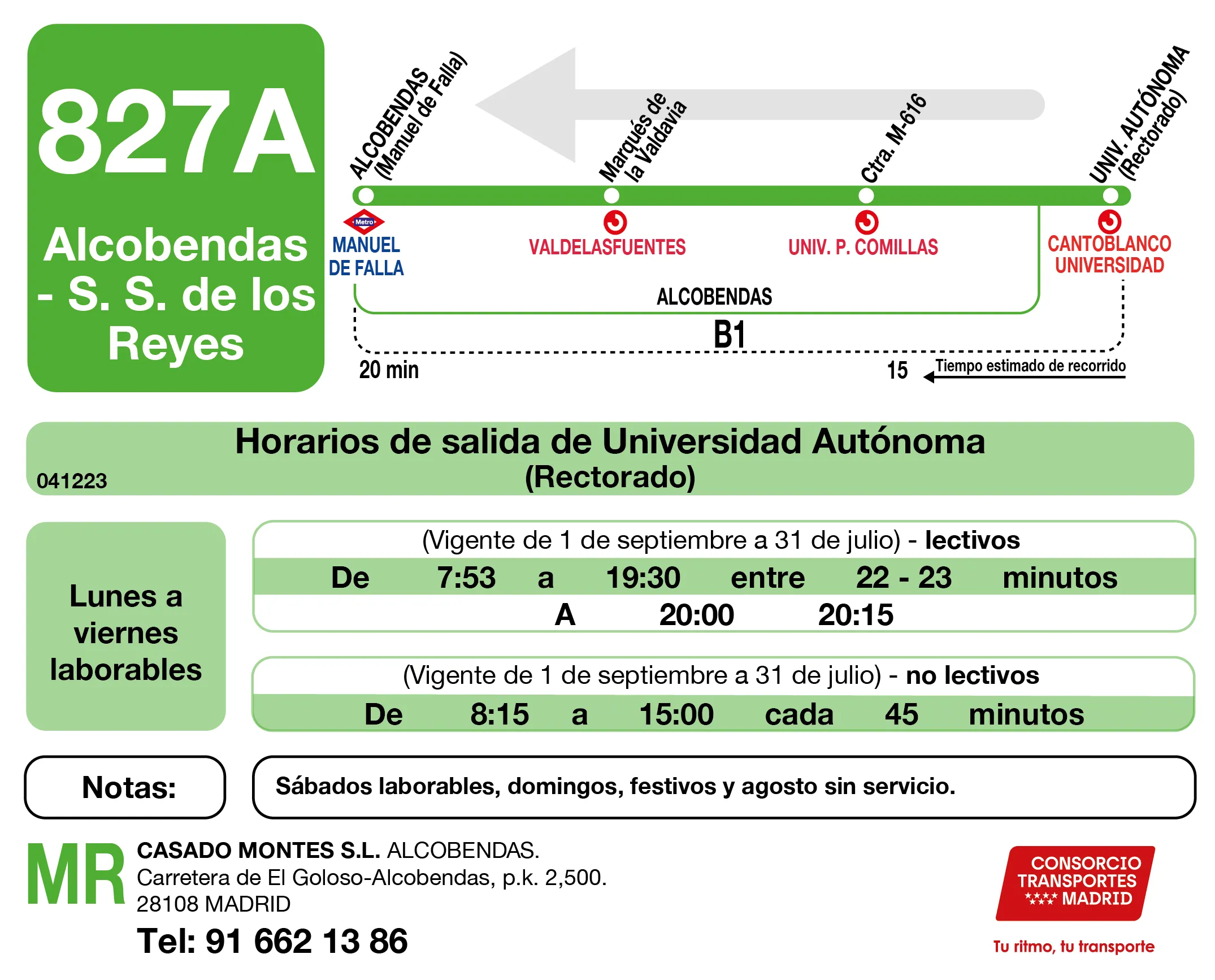Horario de vuelta de la línea 827A - Autobuses interurbanos Madrid