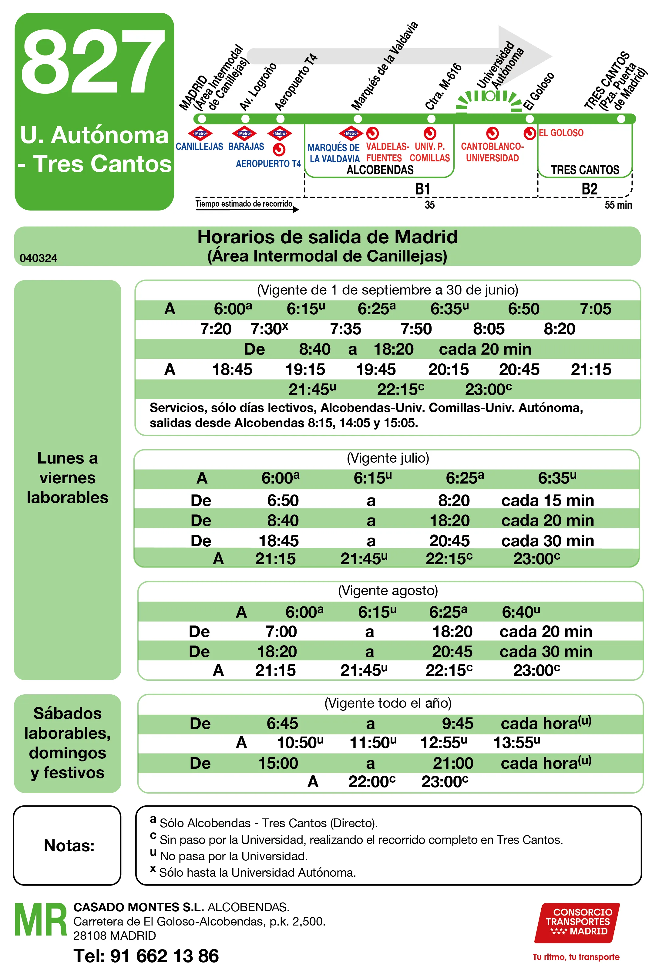 Horario de ida de la línea 827 - Autobuses interurbanos Madrid