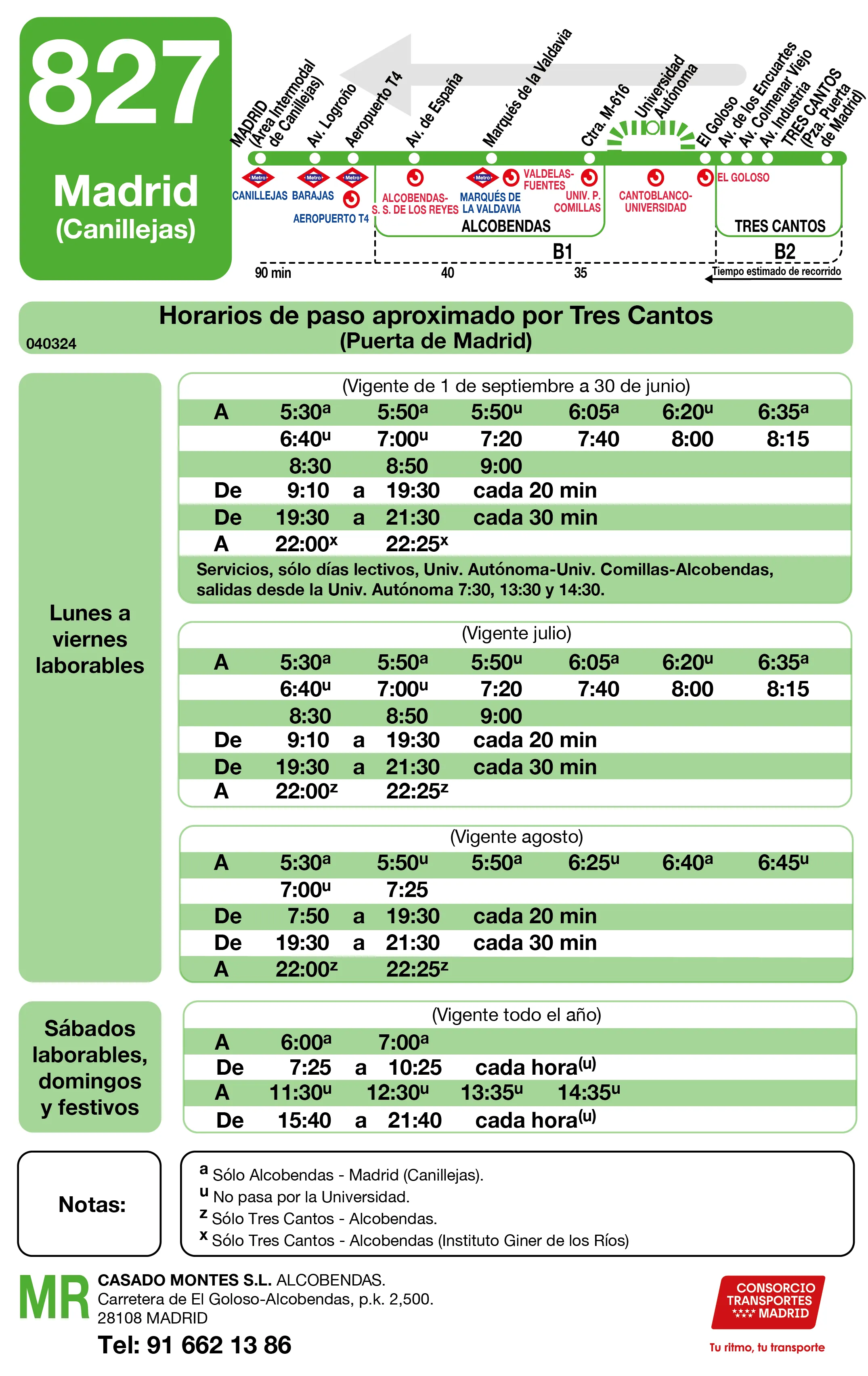 Horario de vuelta de la línea 827 - Autobuses interurbanos Madrid
