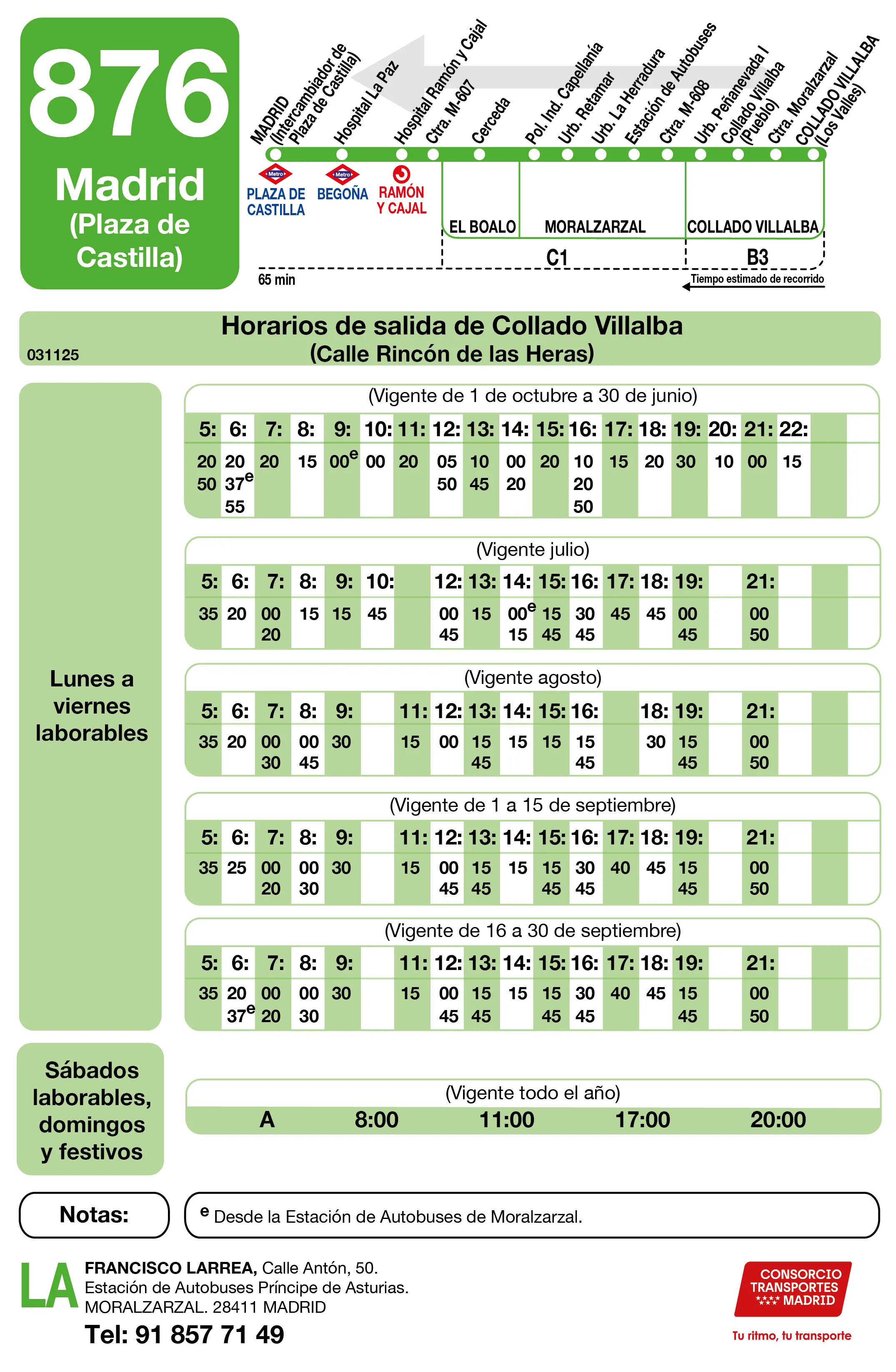 Horario de vuelta de la línea 876 - Autobuses interurbanos Madrid