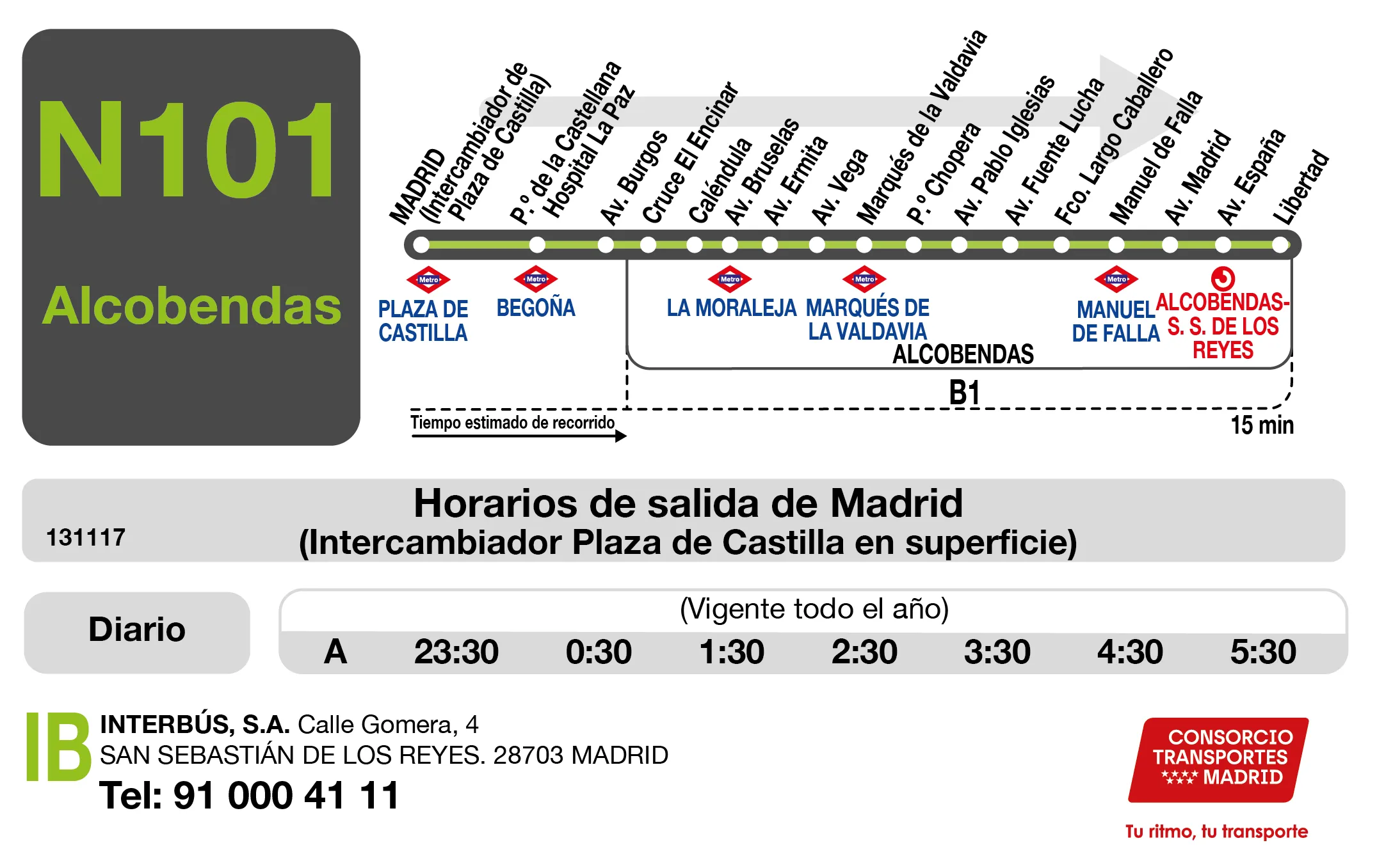 Horario de ida de la línea N101 - Autobuses interurbanos Madrid