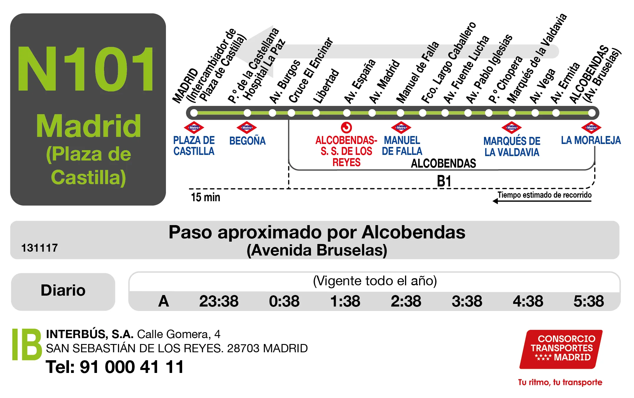 Horario de vuelta de la línea N101 - Autobuses interurbanos Madrid