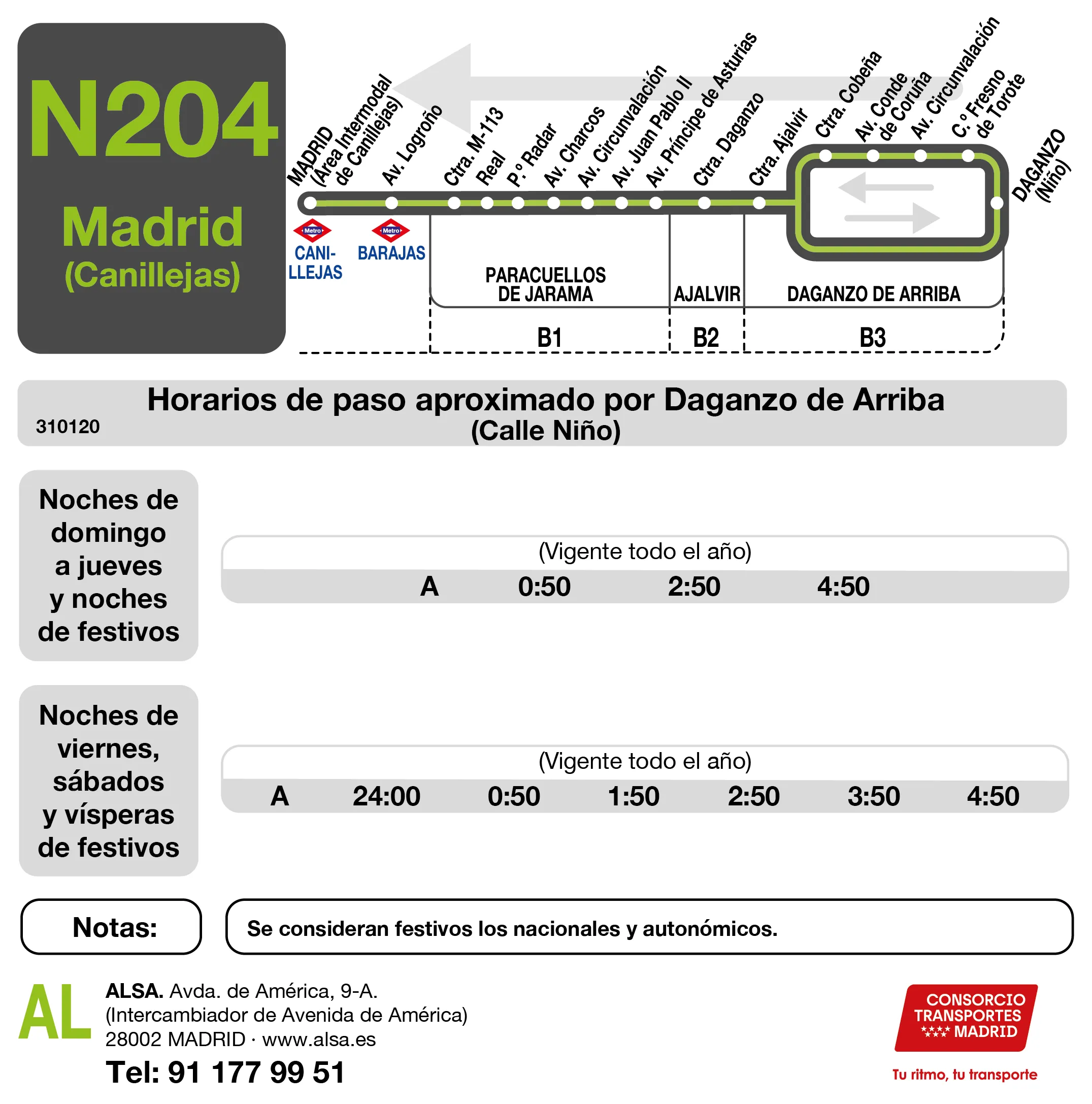 Horario de vuelta de la línea N204 - Autobuses interurbanos Madrid