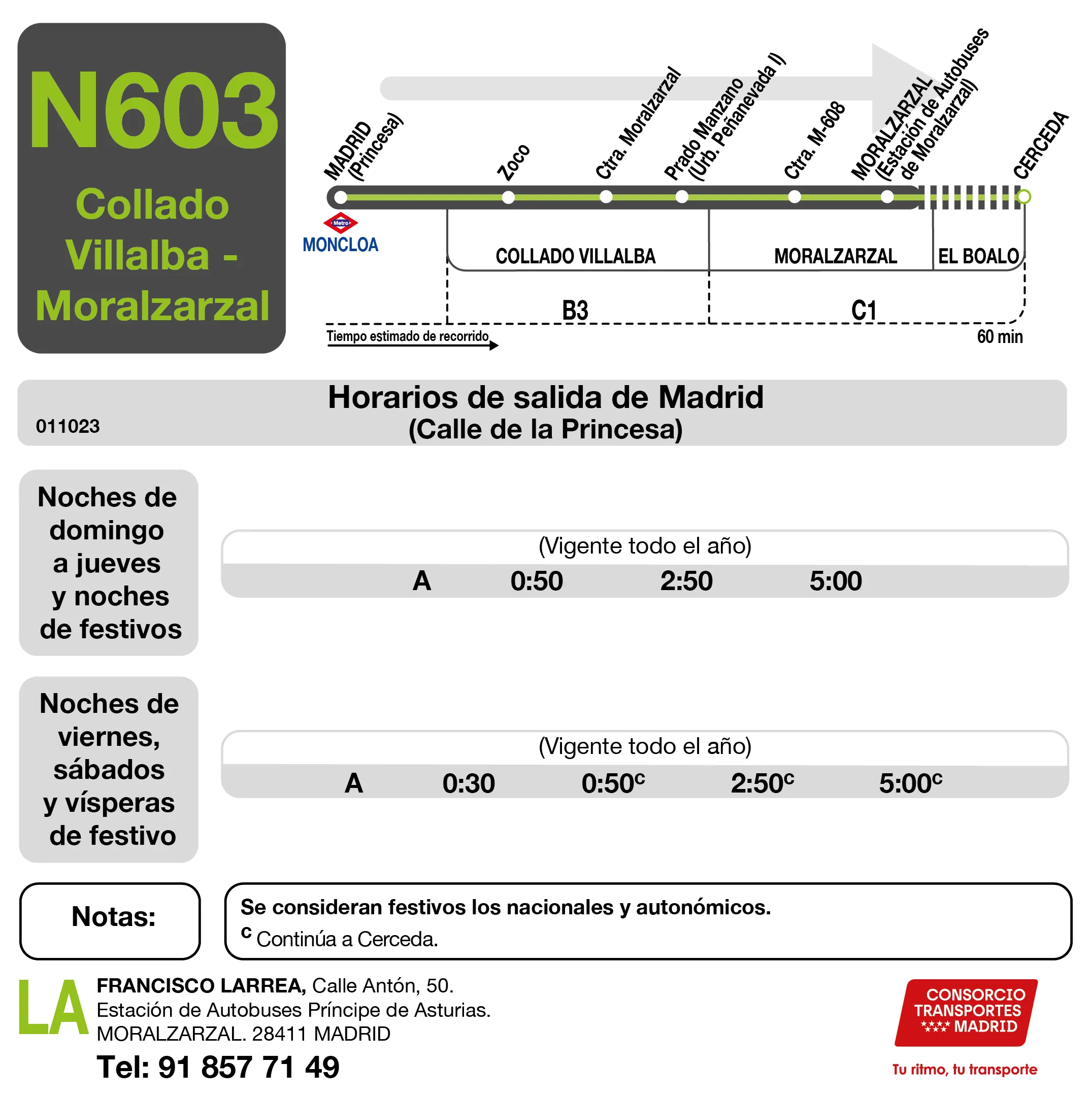 Horario de ida de la línea N603 - Autobuses interurbanos Madrid