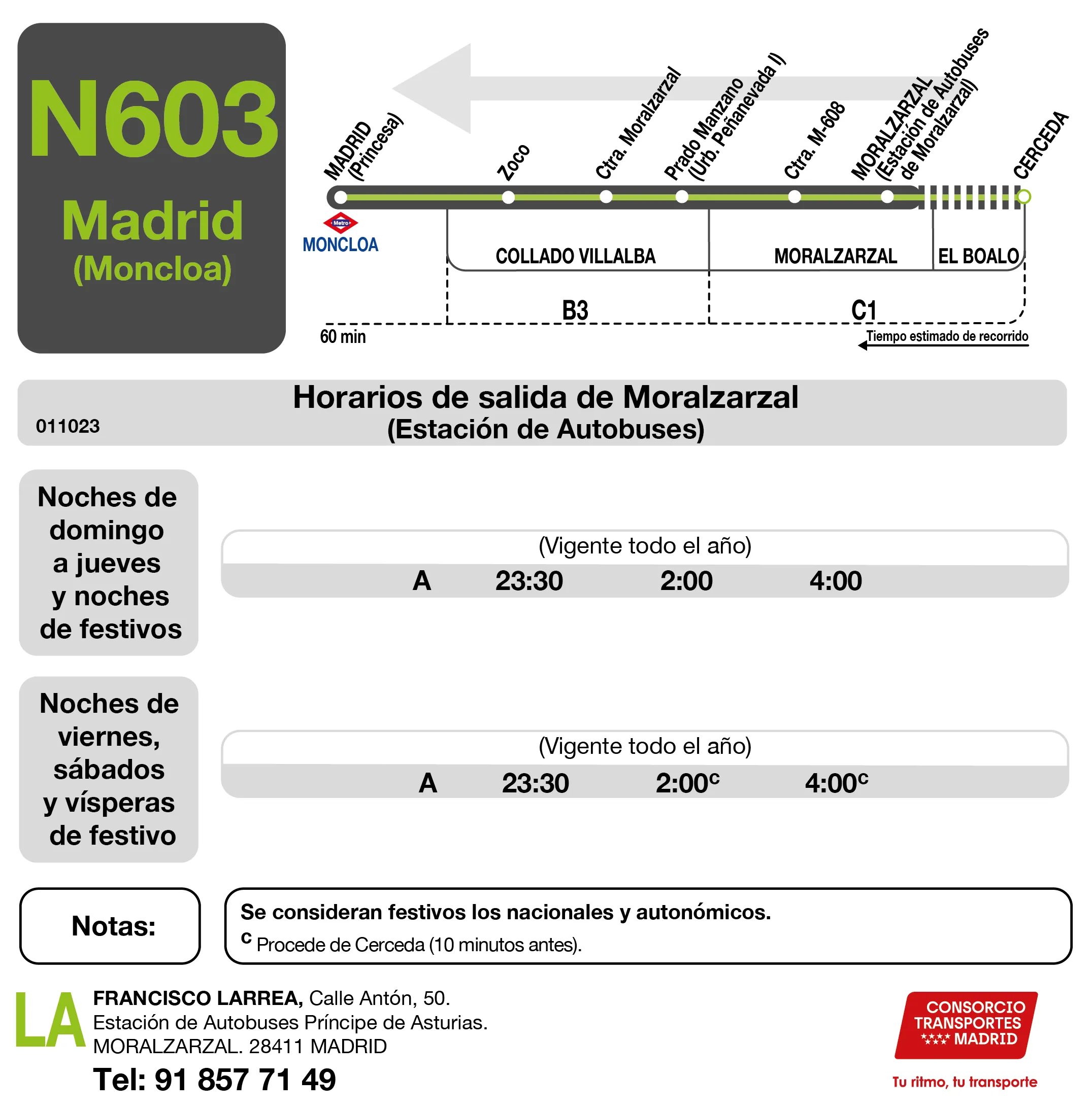 Horario de vuelta de la línea N603 - Autobuses interurbanos Madrid